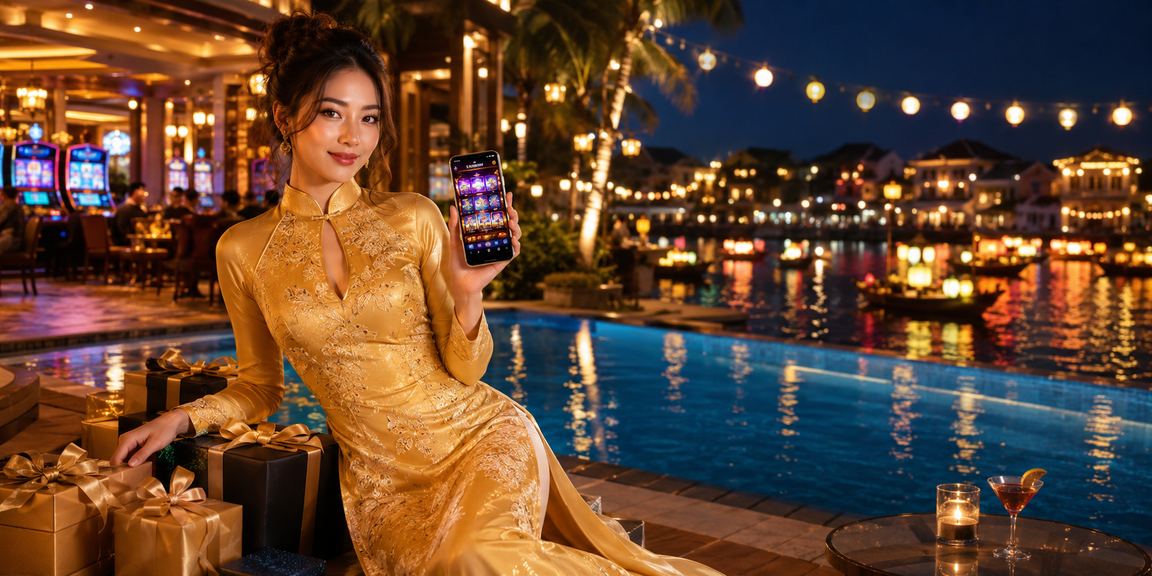 Người phụ nữ mặc áo dài trải nghiệm casino app trực tuyến tại phố cổ Hội An